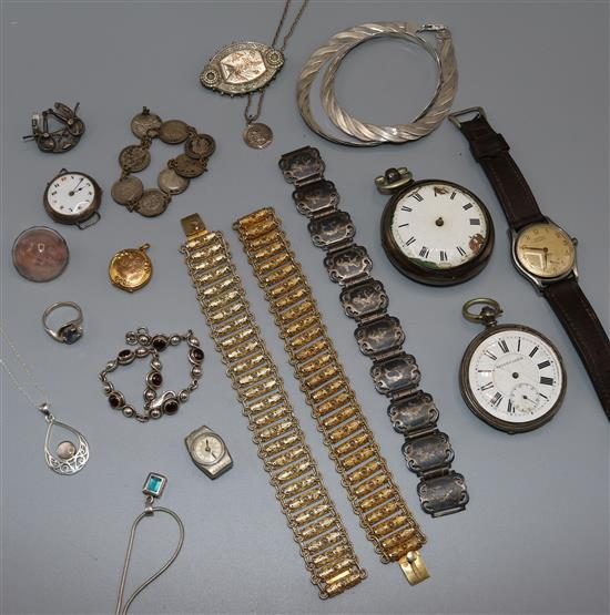 Mixed silver costume jewellery, enamel studs and watches